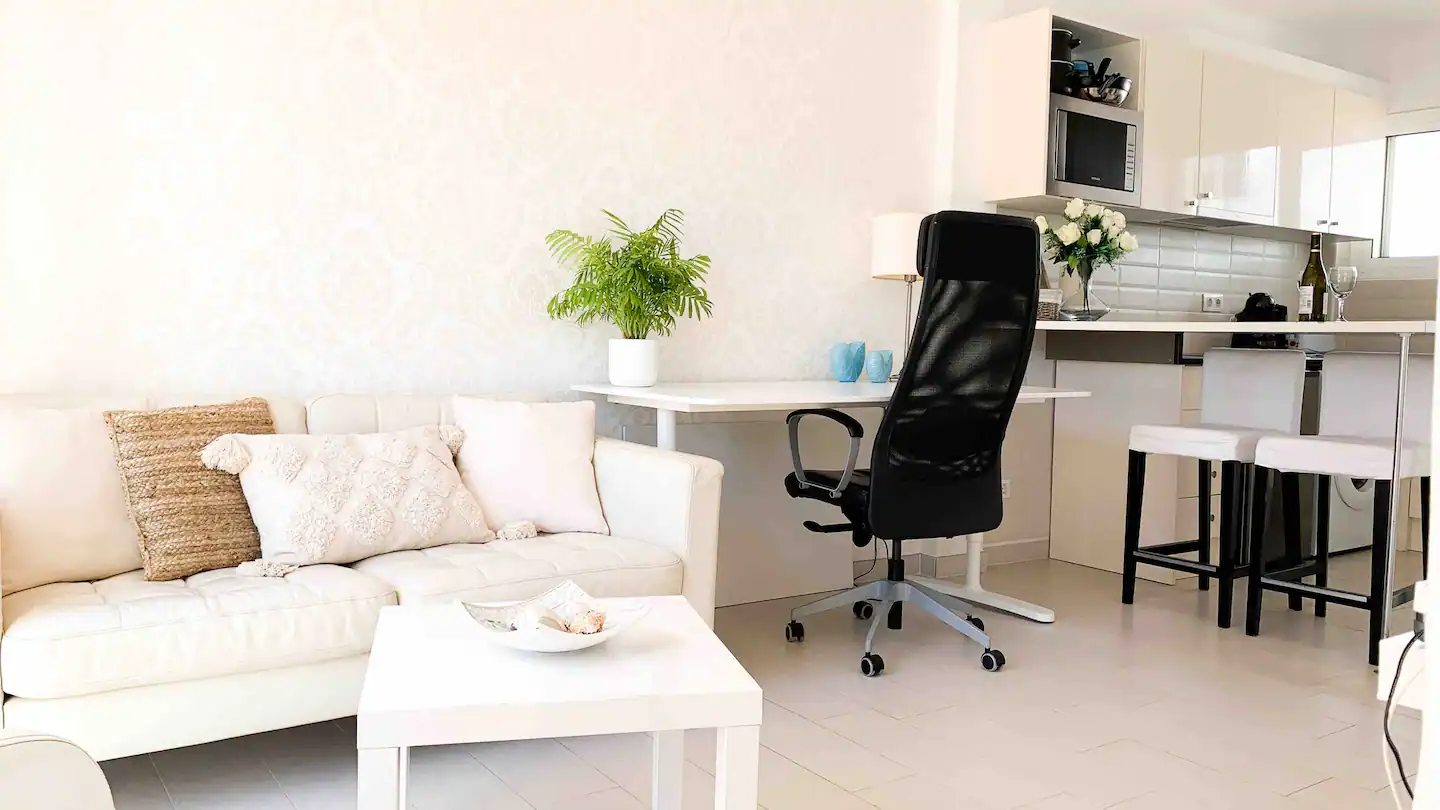 Ergonomic home office setup for digital nomads at Casa Nola, Fuerteventura